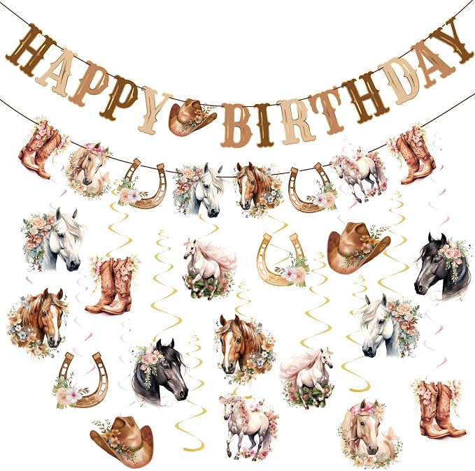 Horse Birthday Decorations for Girls, Brown and Pink Horse Cowgirl Party Decorations with Cowgirl Hanging Swirls, Happy Birthday Banners, Western Party for Women