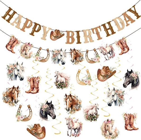 Horse Birthday Decorations for Girls, Brown and Pink Horse Cowgirl Party Decorations with Cowgirl Hanging Swirls, Happy Birthday Banners, Western Party for Women