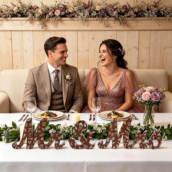 Mr & Mrs Sign for Wedding Table Blue Floral Wedding Decorations for Reception Rustic Wooden Freestanding Letters Table Centerpieces Wooden Photo Booth Props for Wedding Bridal Anniversary Supplies (Brown)