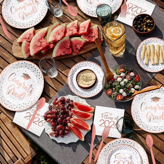 175pcs Class of 2026 Graduation Plates and Napkins Set, Disposable Paper Plate Set Polka Dots Napkin Cups Knife Fork Spoon for Graduation Party Decorations and Supplies,Serve 25(White Rosegold)