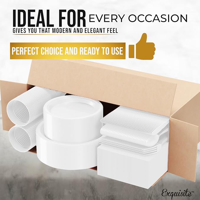 Party Solids 350 Pieces White Plastic Plates For Party, White Disposable Plates Set, 50 Of Each 9" Dinner Plate Set, 7" Dessert Plate, Cups, Napkins & Cutlery Plastic Dinnerware Set