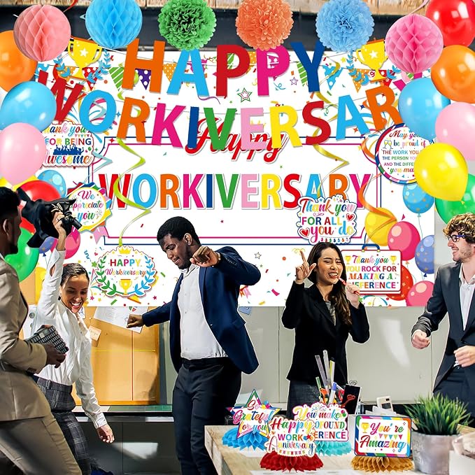Happy Work Anniversary Decorations, 31PCS Colorful Workiversary Party Decoration Set for Employee Office, Pre-Strung Banner Backdrop Hanging Swirl Honeycomb Centerpiece Balloons Paper Poms