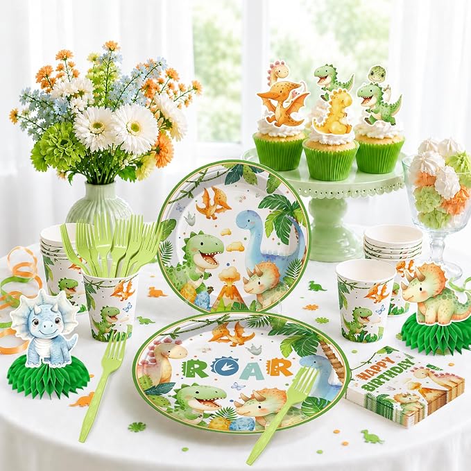 213 pcs Dinosaur Birthday Party Decorations Serve 25, All-in-One Dinosaur Party Decorations Includes Plates, Tablecloth, Cake Toppers, Cupcake Toppers