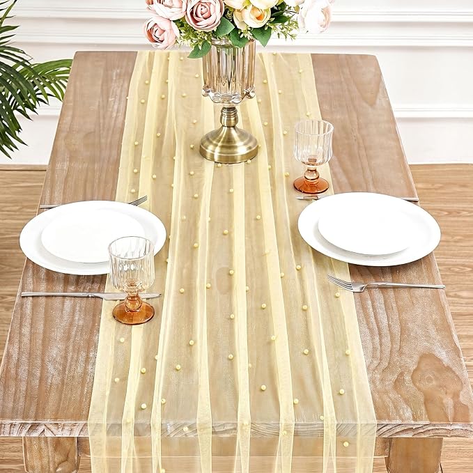 Pearl Gauze Table Runner Tulle Fabric: 10ft Seasonal Dessert Chiffon Pearl Lace Boho Overlay Wedding Veil Outdoor Wedding Aisle Runner Party Decorations Doilies, Light Yellow