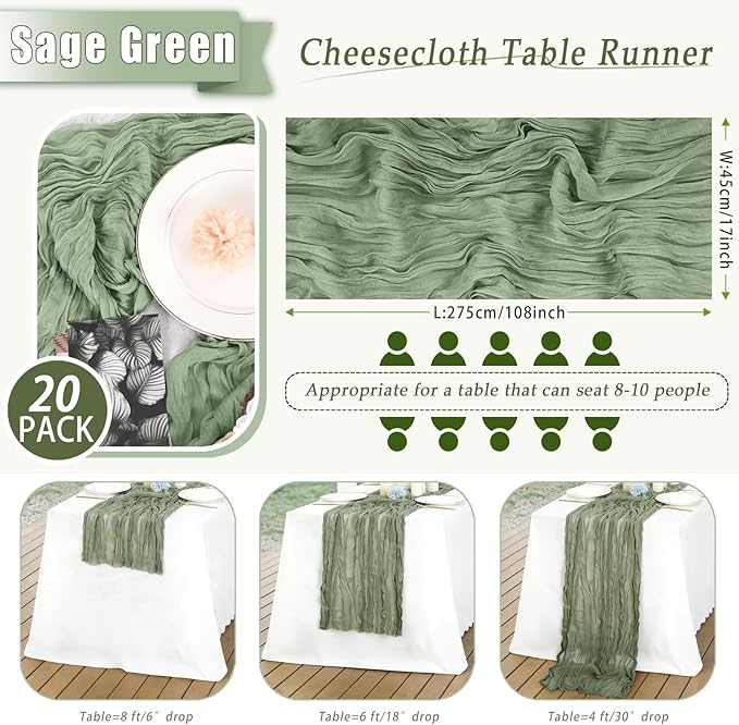 20 Pack Sage Green Cheesecloth Table Runner 17x108 Inch Semi Sheer Boho Rustic Gauze Cheese Cloth Table Runners for Wedding Party Birthday Baby Shower Home Décor