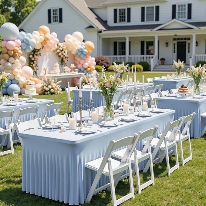 4 Pack Dusty Blue Spandex Tablecloths for 6 Foot Rectangle Tables, Wrinkle Free Stretchy Table Cloths 6ft Fitted Table Cover DeskSkirt for Weddings Birthday Party Banquet Baby Shower