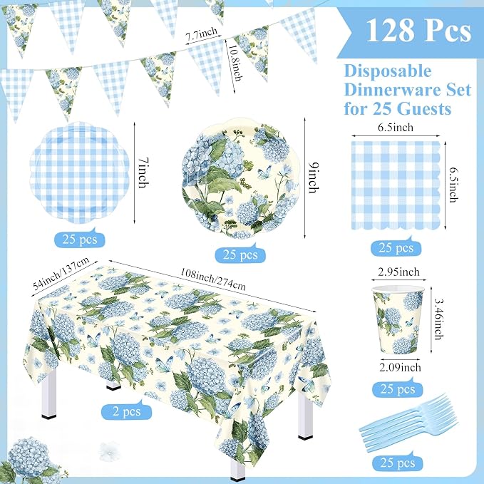 LemonRoad 128 Pcs Blue Hydrangea Party Decorations for 25, Blue and White Hydrangea Floral Checkered Paper Plates Napkins Cups Tablecloth Forks Banner for Bridal Baby Shower Birthday Tea Party Supply