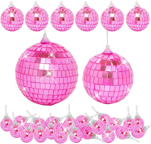 32 Pack Mini Disco Balls Decorations Different Sizes Mirror Ball with Hanging String Small Disco Ball Ornament for Disco Theme Party Cake Topper DJ Club Christmas Wedding Home Decor (Pink)