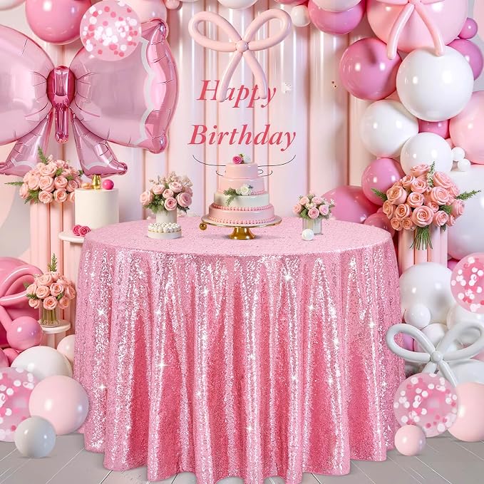 B-COOL Sequin Tablecloth Round Party Decorations: 90 Inch Tablecloth Sequin Overlay Glitter Fabric for Indoor and Outdoor Gathering Parties Fuchsia Pink