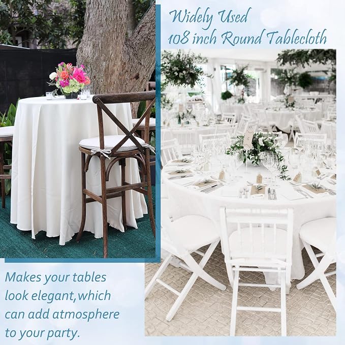 fani 6 Pack 108 Inch Round Tablecloth, White Polyester Fabric Table Cloth for Round Table, Stain and Wrinkle Washable Table Cover for Wedding Party Dining Table Buffet Banquet Restaurant and Camping