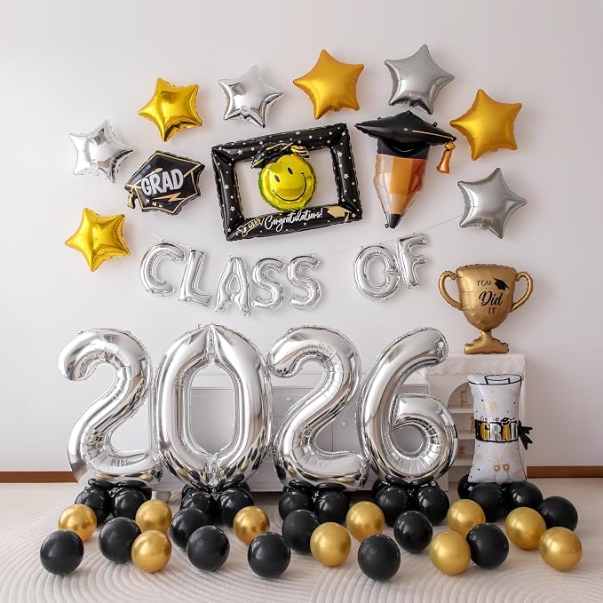 65 PCS Congrats Grad Balloons Kit, Class of 2026 Graduation Party Decorations Black Gold Silver Foil Balloons with Congrats Mylar Balloons Celebration Supplies for High School College Graduation