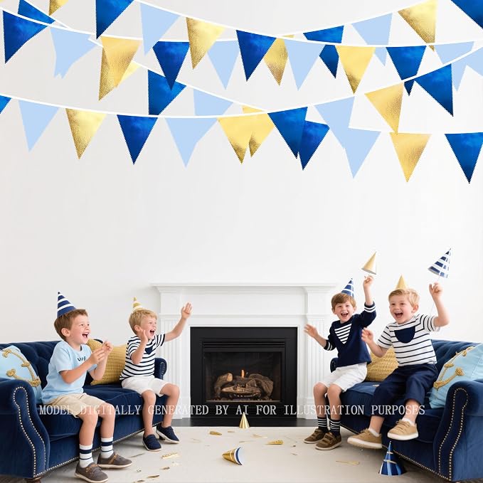Gold Blue Party Decoration Gradient Blue and Gold Triangle Pennant Banner Flag Metallic Fabric Bunting Garland for Nautical Ahoy Achor Birthday Graduation Retirement Wedding Baby Shower Party Supplies
