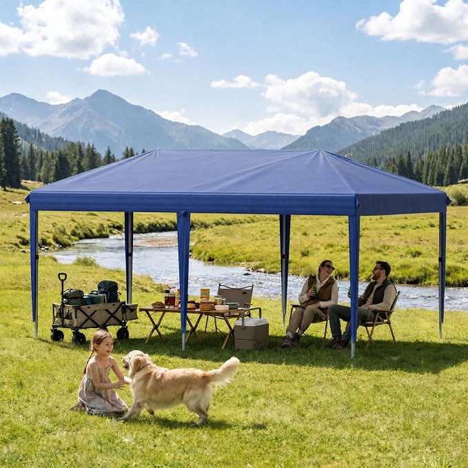 10x20 FT Portable Pop Up Canopy Tent with Sandbags, Adjustable Height Instant Gazebo Without Sidewalls,Waterproof Outdoor Canopy for Camping, Parties, Vendor Events (Blue, 3m × 6m Without sidewalls)