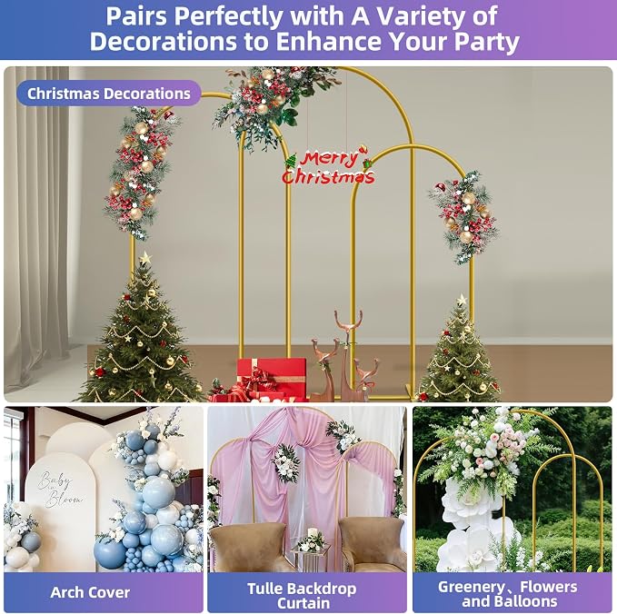 Hemmotop Metal Arch Backdrop Stand Set of 3, 6ft, 6.6ft, 7.2ft Wedding Arch Frame for Backdrop, Balloons, Flowers, Garden Décor, Gold Arched Stand for Birthday, Baby Shower, Graduation Party, 3 Pieces