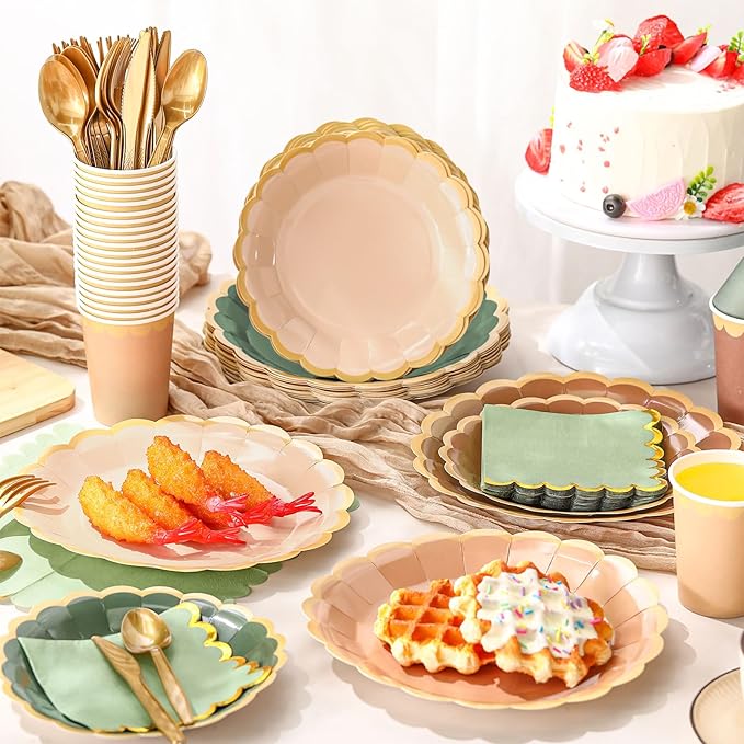 Mimorou 338 Pcs Sage Green and Brown Plates and Napkins Party Supplies for Guests Woodland Baby Shower Tableware Include Forest Scalloped Plates Paper Napkin Cup Spoon Fork Knife for Wedding Birthday