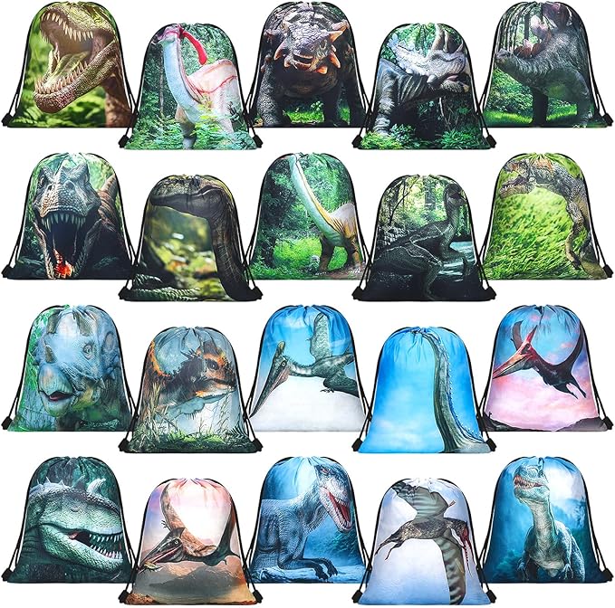 Weewooday 20 Pcs Dinosaur Party Favor Bags Drawstring Gift Goodie Treat Bag Dinosaur Candy Party Supplies Backpack for Birthday Candy Decoration(Jungle Style)