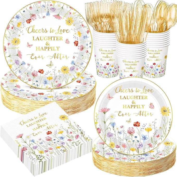 Pickmesh 400 Pcs Floral Bridal Shower Party Supplies Decorations Include Cheers to Love Paper Plates Napkins Cups Cutlery Set Spring Wildflower Tableware for Wedding Engagement Party Serve 50