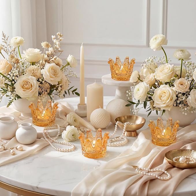 Rubltamp 6 Pack Amber Crown Votive Candle Holders,Glass Crown Tealight Candle Holders, Vintage Candle Holder Bulk for Table Centerpieces, Home, Bridal Shower, Birthday, Wedding