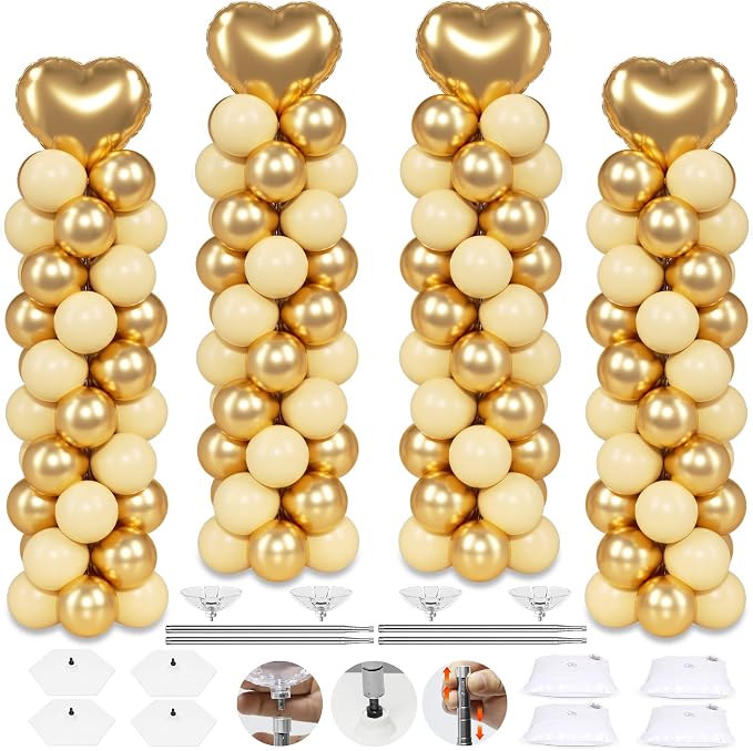 4 Sets Balloon Column Stand Kit, 7 Feet Height Adjustable Balloon Tower Pillar with Reusable Metal Telescopic Design for Graduation, Wedding, Baby Shower, Birthday Party Decoration