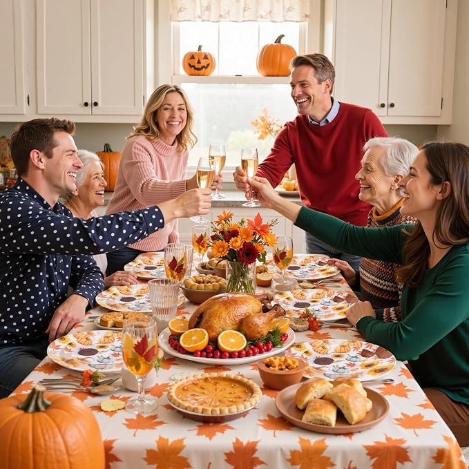 WDF 24Pcs Thanksgiving Plastic Plates - Heavy Duty Fall Plastic Plates - Gold Pumpkin and Sunflower Pattern for Thanksgiving Dinner & Parties (Pack of 2)