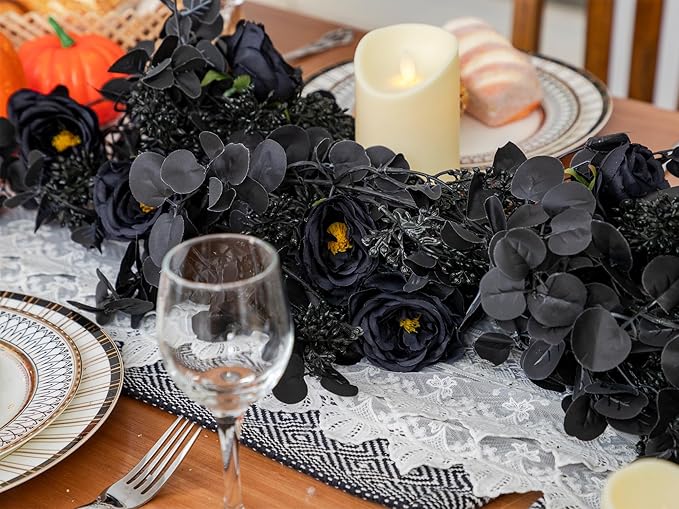 6FT Black Halloween Garland with 10 Black Rose and Berries, Artificial Flower Eucalyptus Garland for Halloween Decorations for Wedding Party Table Decor Indoor Outdoor Backdrop Wall Decor