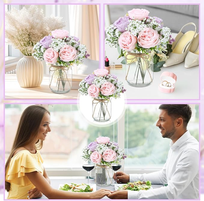 Zeyune 6 Sets Mason Jar Centerpiece Table Decorations, Artificial Peony Baby's Breath Flower Bouquets, Faux Flowers with Vase, Rustic Decor Gifts for Home, Wedding, Holiday (Purple,Pink)