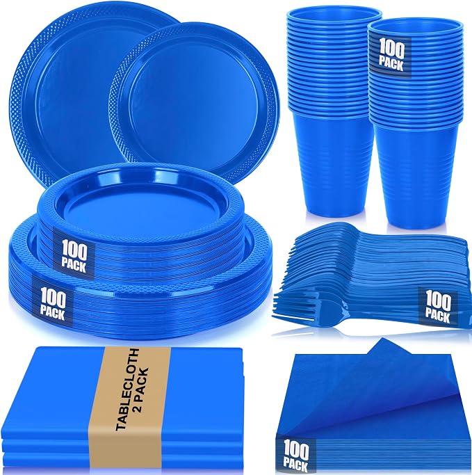 Blue Plastic Plates for Party,100 Guest Disposable Plastic Plate Set 9" Plates,7" Dessert Plates,Napkins,Cups,Forks & Tablecloth for Birthday,Graduation,Picnic,Summer Activities