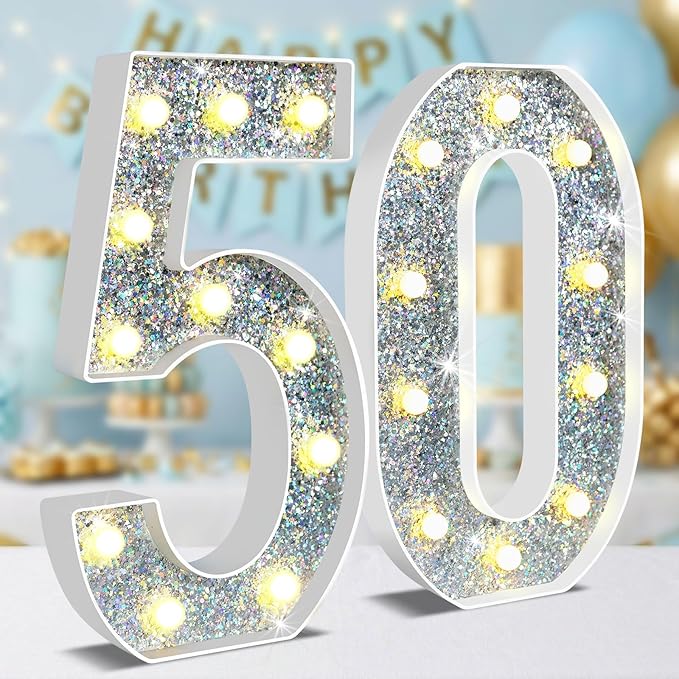 12.6 Inch LED Silver Marquee Light Up Numbers, 50th Birthday Decorations Number Lights as Gifts for Women Men, Glitter Lighted Marquee Numbers for Silver Anniversary Party Table Decor, 50