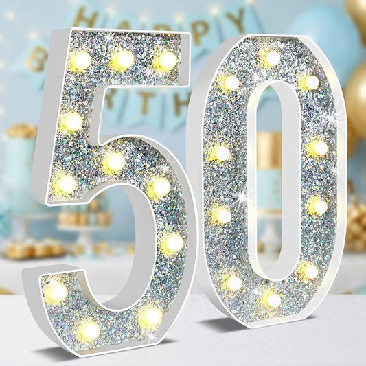 12.6 Inch LED Silver Marquee Light Up Numbers, 50th Birthday Decorations Number Lights as Gifts for Women Men, Glitter Lighted Marquee Numbers for Silver Anniversary Party Table Decor, 50