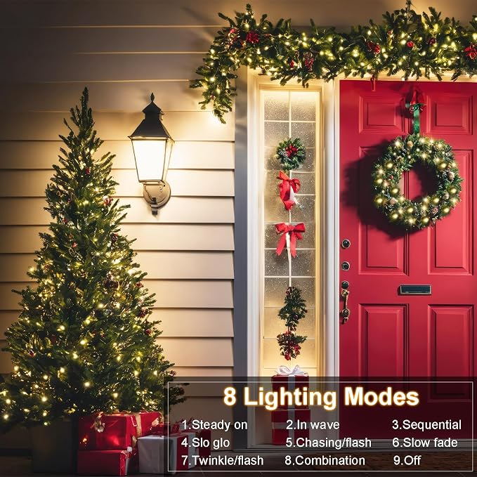 200LED 66ft Christmas String Lights Battery Wreath Lights for Classroom | Green Wire, Timer, 8 Lighting Modes,Waterproof,Fairy Lights for Bedroom Christmas Decor, Warm White