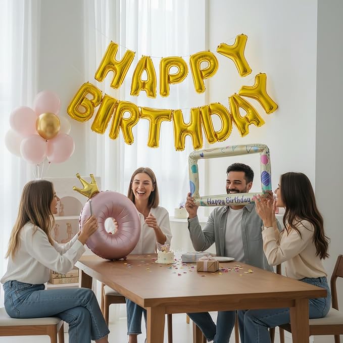 Gold Happy Birthday Banner Foil Letter Balloon, 14 Inch 3D Inflatable Party Decor Reusable Mylar Foil Letters, Birthday Decorations for Women Men Kids (Birthday Banner 2)