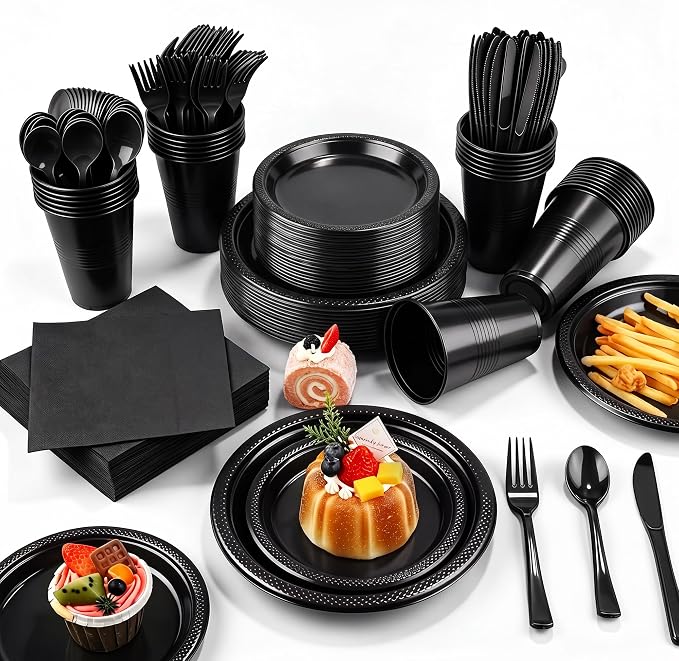 Kochorie 480 Pieces Black Plastic Dinnerware Set for 60 Guests Disposable Heavy Duty Plates Napkins Cups and Silverware Dessert Dinner Plates for Halloween Birthday Wedding Party Supplies
