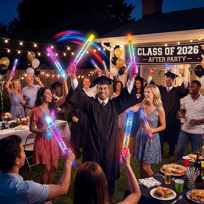 Huquary 50 Pcs Graduation Party Favors LED Foam Light up Sticks Bulk, Glow in The Dark Graduation Party Supplies with 3 Modes Colorful Flashing for Congratulation Grad Celebration Decoration(Blue)