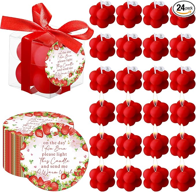 MTLEE 24 Sets Strawberry Baby Shower Favors Small Bubble Candle for Guests Tea Candles Bulk with Stylish Ribbons Cards Gifts Party Decoration(Bright Red, Strawberry)