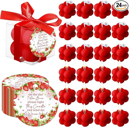 MTLEE 24 Sets Strawberry Baby Shower Favors Small Bubble Candle for Guests Tea Candles Bulk with Stylish Ribbons Cards Gifts Party Decoration(Bright Red, Strawberry)
