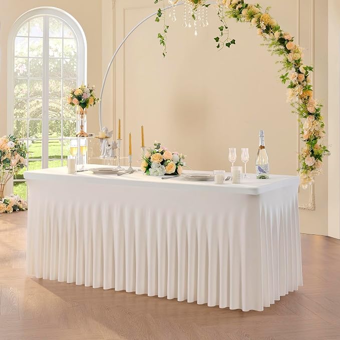 Outpain 8ft Spandex Table Cloth for Standard Folding Tables-2Pack Ivory Table Cloth Table Protector for Party, Wedding, Cocktail, Banquet, Festival