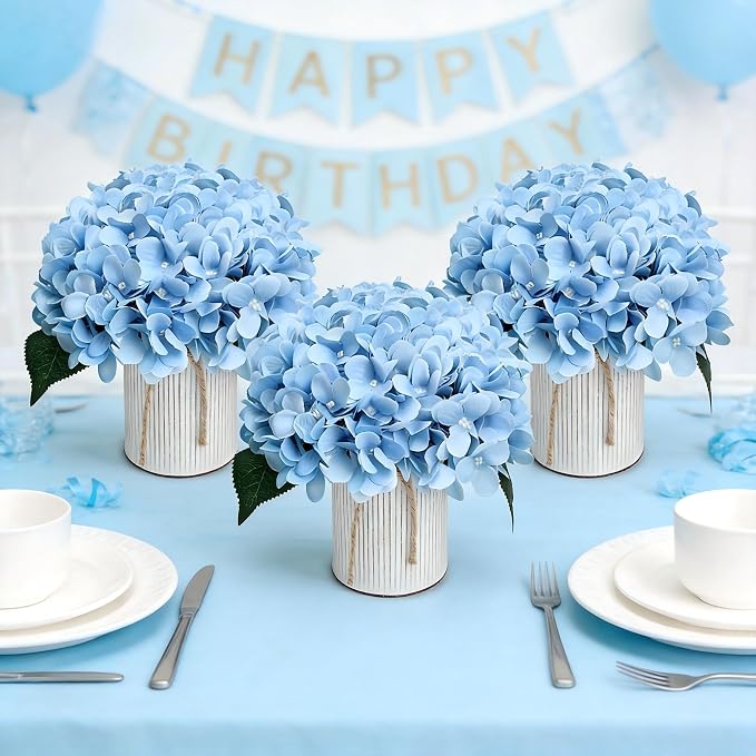 Flower Table Centerpieces - Set of 6 Floral Arrangement Artificial Wedding Hydrangeas Floral Arrangement with Rustic Metal Vase for Bridal Tea Party Event Decorations - Pastel Blue