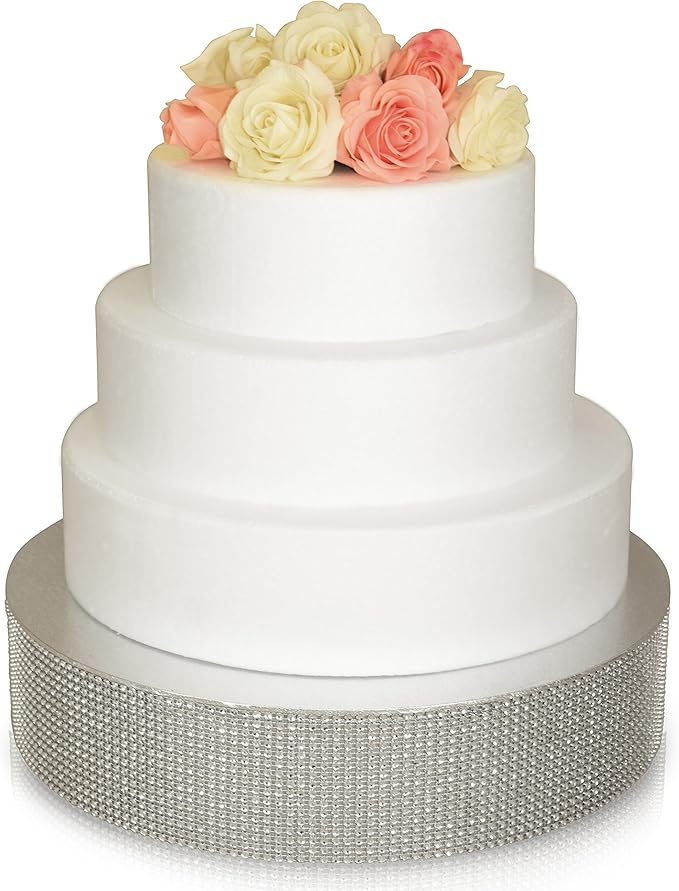 Occasions 1 Unit 12 Inch Round Cake Stand, Holds 150 lbs, Styrofoam Core, Rhinestone Mesh, Dessert Table Display, Wedding Party Centerpiece, Silver