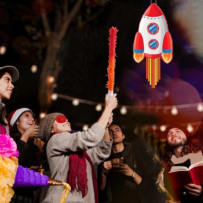 Rocket Pinata Space Pinata with Blindfold and Bat Space Themed Party Supplies for Girls Boys Kids Birthday Party Game Toys Favors Decorations, 16.5 x 10.7 x 3 Inches