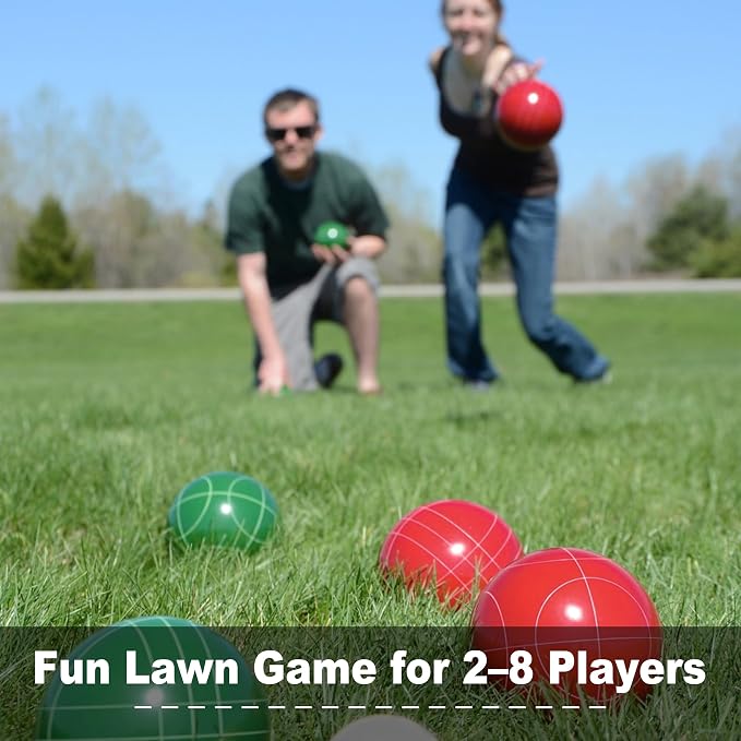 100mm Bocce Ball Set Regulation Size and Weight with 8 Resin Bochie Balls, Pallino, Carrying Bag, Measuring Rope, Gift for Family Backyard Lawn Yard Beach Bocci Games (Multi Colors, 2-8 Players)