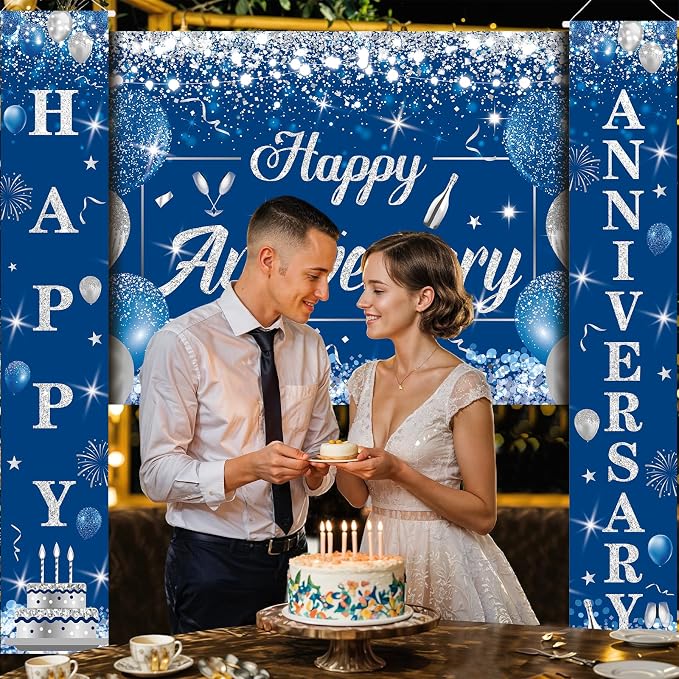 Blue Happy Anniversary Decorations for Men Women - Silver Banner Backdrop, Hanging Swirls, Porch Sign, Navy Balloons - Party Decor for Wedding Anniversary Supplies