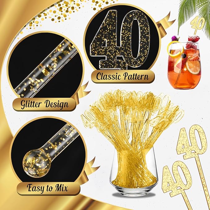 Reallnaive 100 Pcs 40th Birthday Drink Stirrers Gold Glitter Cocktail Stirrers Plastic Swizzle Sticks 7.5 Inch Fall Birthday Cupcake Toppers Sticks Bulk for Coffee Bar Cake Pops Christmas Party Favor