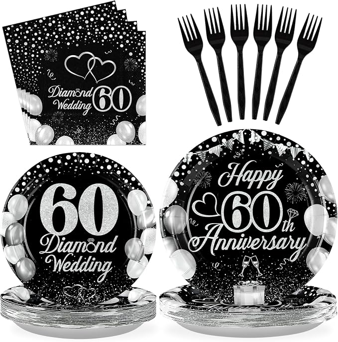 96Pcs Anniversary Decorations 60th Wedding Anniversary Party Plates Disposable Black Silver 60th Matrimony Celebration Paper Tableware Set for Women Men 60 Years of Love Party, Serves 24