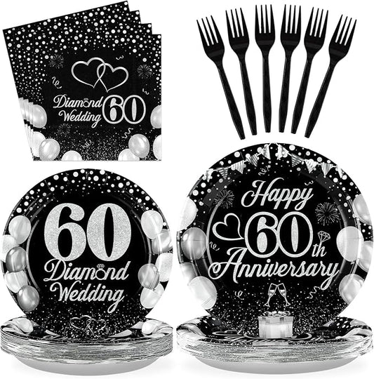 96Pcs Anniversary Decorations 60th Wedding Anniversary Party Plates Disposable Black Silver 60th Matrimony Celebration Paper Tableware Set for Women Men 60 Years of Love Party, Serves 24