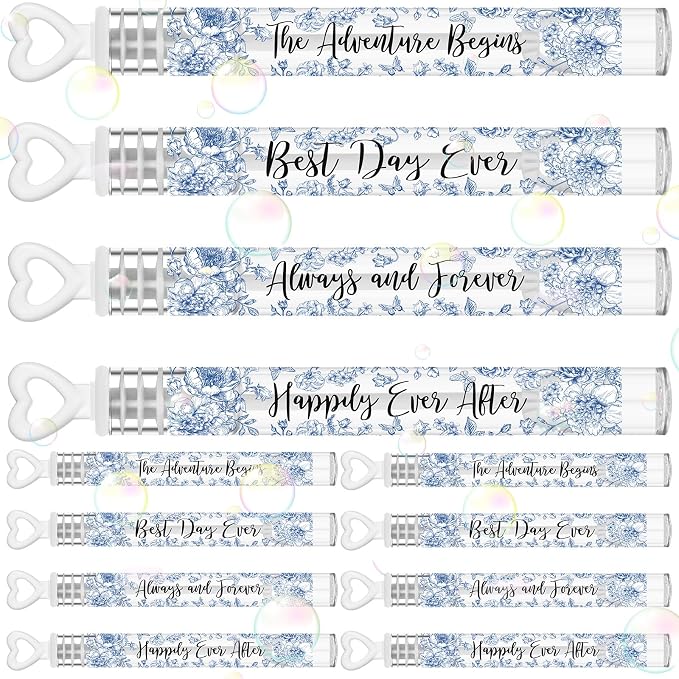 Hollowfly 120 Pack Blue Flower Wedding Mini Bubble Wands for a Wedding Bulk White Heart Bubble for Guests Send Off Wand Adults Bridal Exit Shower Party Supplies Valentine Anniversaries Celebration