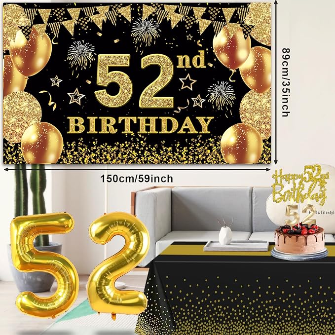 52nd Birthday Decorations Men Women with 52nd Birthday Banner, Black and Gold Table Cloth, Number Balloons, Large Sash, Cake Topper and Candles