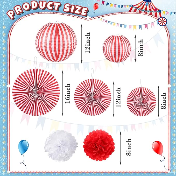 Hortsun 16 Pcs Carnival Circus Party Decorations Red and White Stripes Paper Lanterns Fans Paper Flowers for Carnival Circus Birthday Baby Shower Christmas Halloween Decoration 8/12/16 Inch