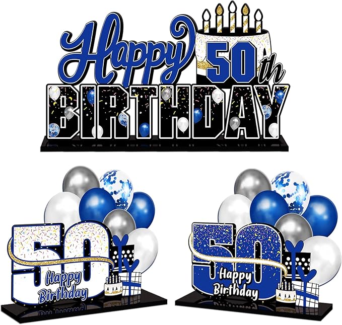 LINGTEER Happy 50th Birthday Blue Acrylic Table Topper Centerpieces Set - Cheers to Fifty Years Old Birthday 50th Bday Party Gift Decorations.