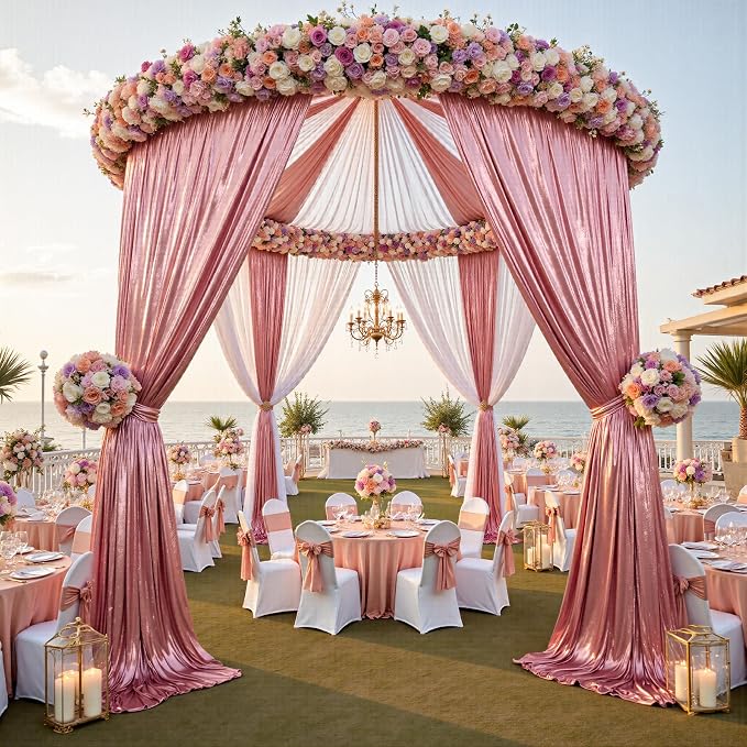 gogoparti 30x20FT Rose Gold Shimmer Backdrop Curtains for Weddings Parties - 6 Panels of Extra Long 5x20FT Drapes, Includes Dual Pole Pockets, Wrinkle-Free Fabric for Party, Tent Decoration