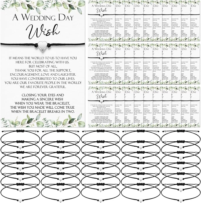 Sasylvia 50 Sets Wedding Favors for Guests Adjustable Bracelets with a Wedding Day Wish Cards Thank You Gifts Bulk for Bridal Shower Party Souvenirs